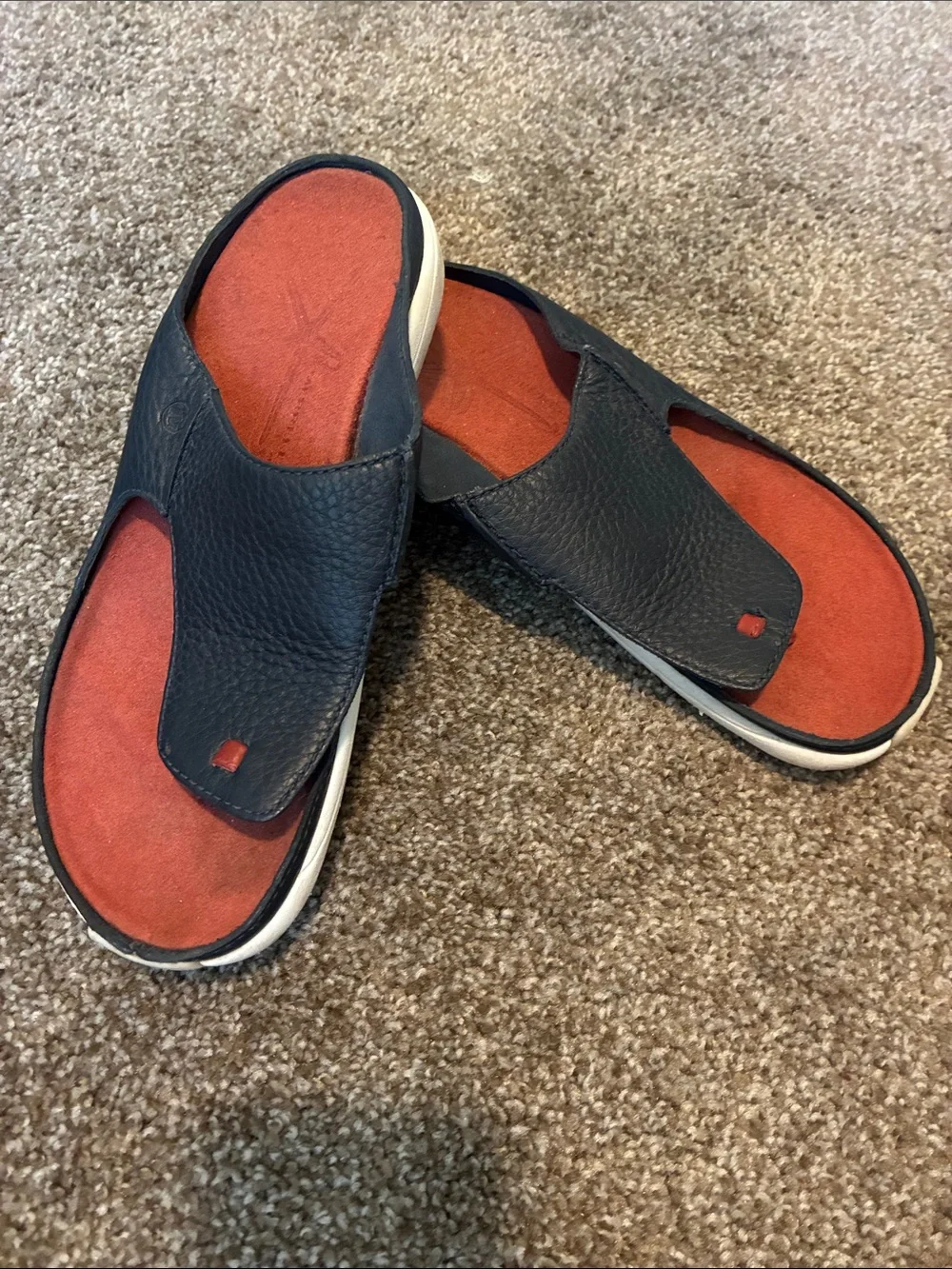 Merrell Manu  Navy Leather Slide Performance Sandals with Orange-Red Footbed